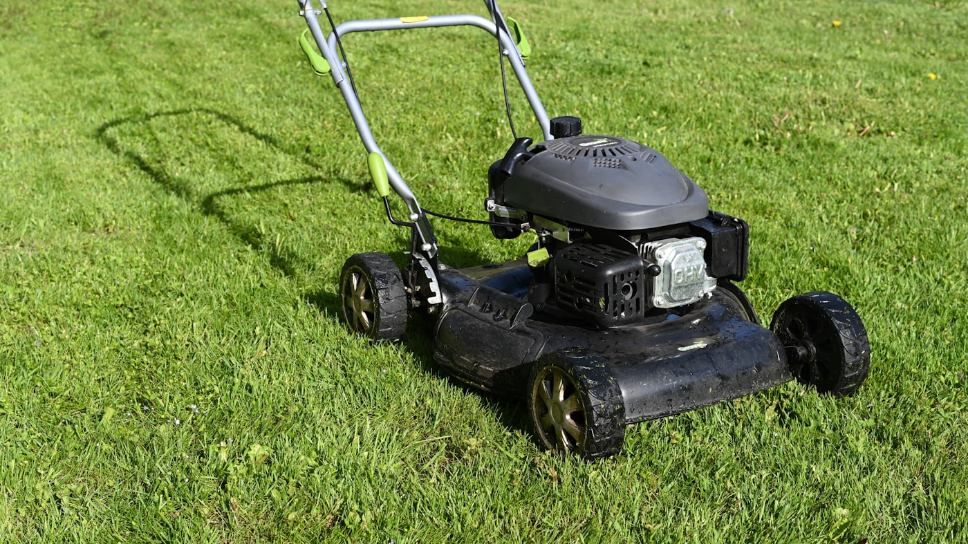Mower on a green lawn